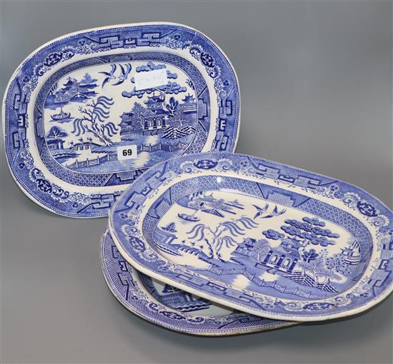 Three blue and white meat plates